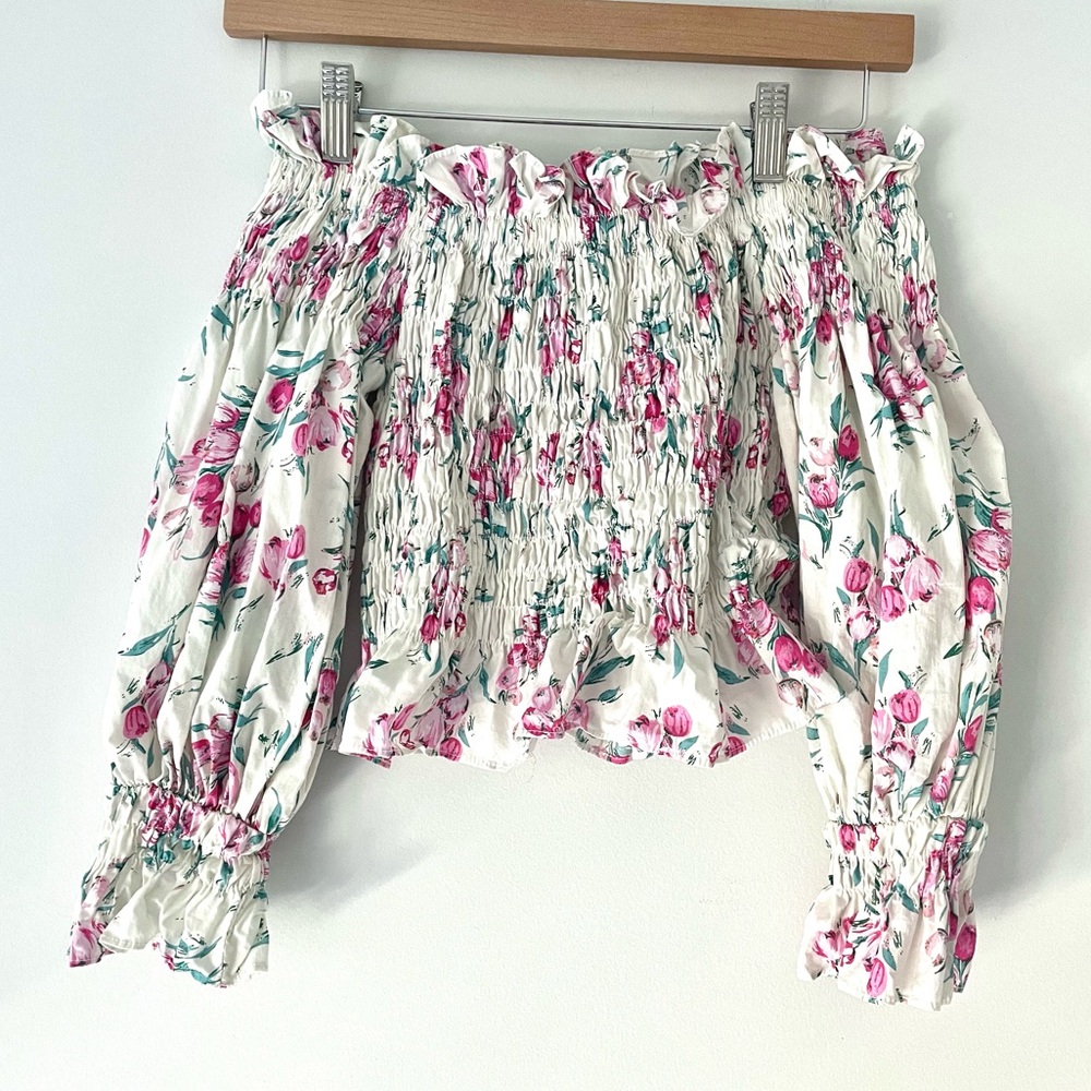 White Floral Ruched Cropped Top